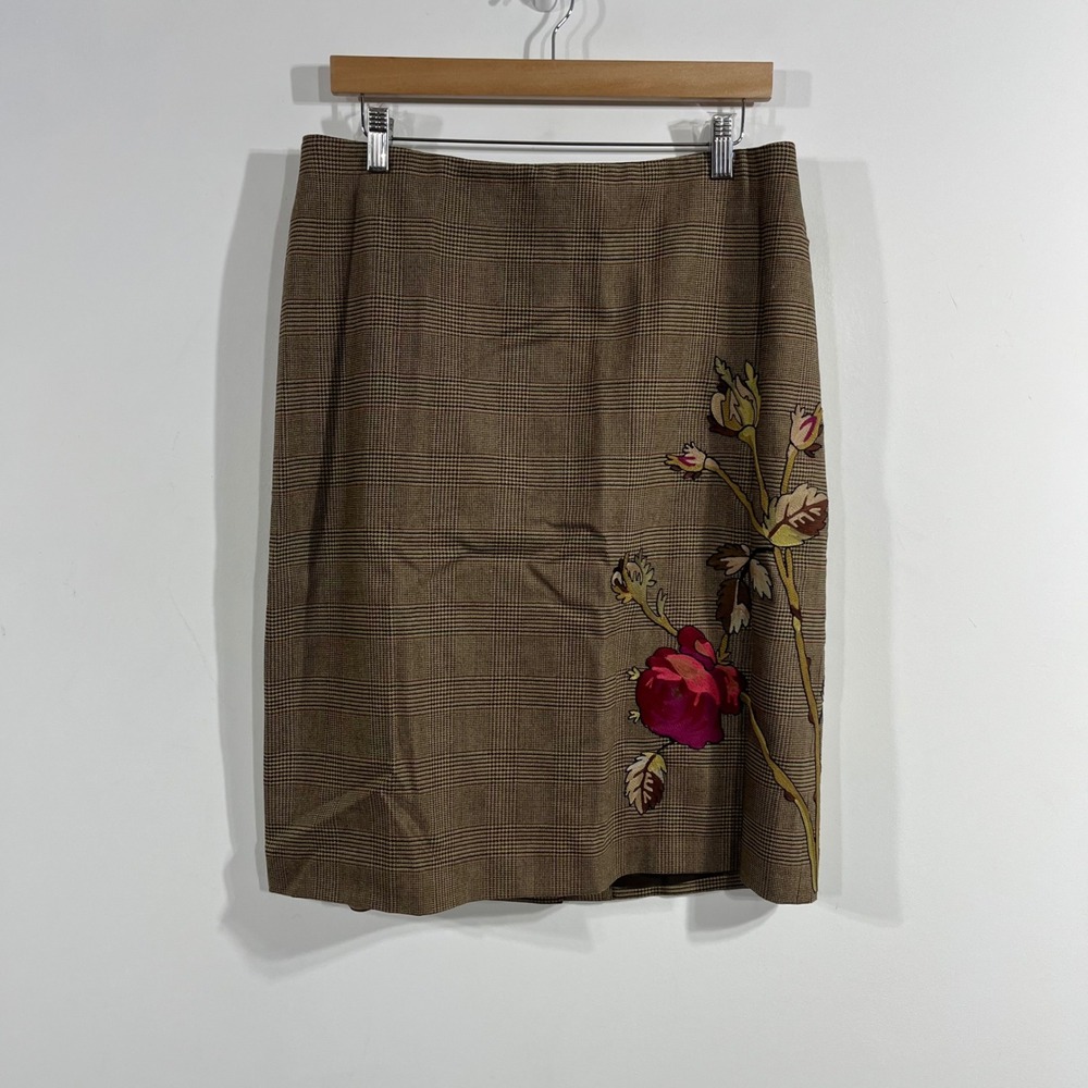 Ellen Tracy VTG Brown Plaid Wool Floral Embroidered Skirt 12 Old Money Preppy